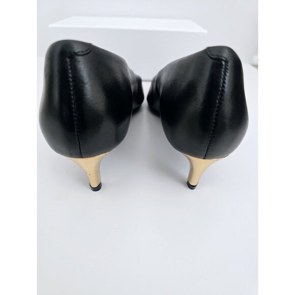 Schutz Lou Mid Curve Black Gold Kitten Heel Pointed Toe Leather Pump Shoes 7.5 - Picture 9 of 12